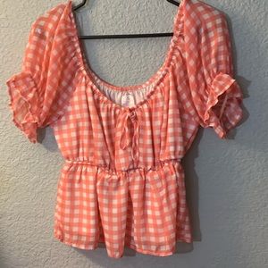 Pink and white plaid blouse with puffy sleeves. SIZE: M